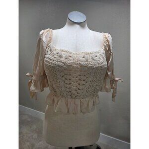 Milk & Honey Beige Crochet Lace Blouse With Puff Sleeves & Tie Back L